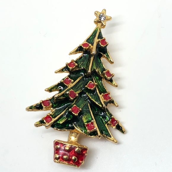 Christmas Tree Pin Vintage Holiday Brooch Gold Tone Red and Green Enamel Accents